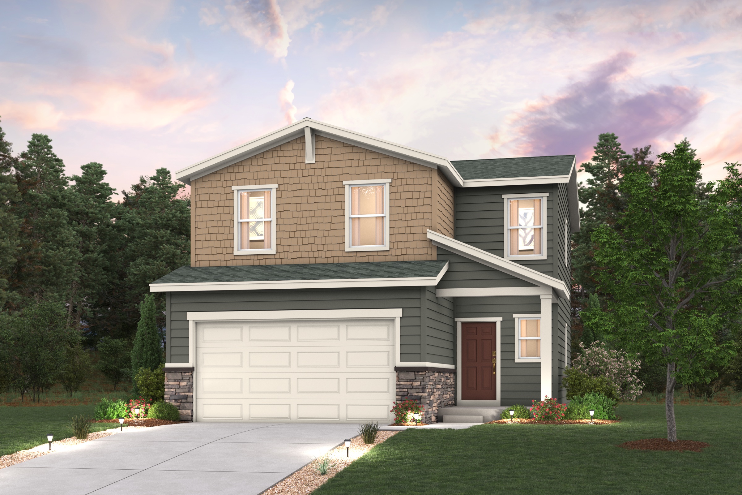 Cypress Floorplan home render with landscaping for Coyote Creek Elevation B