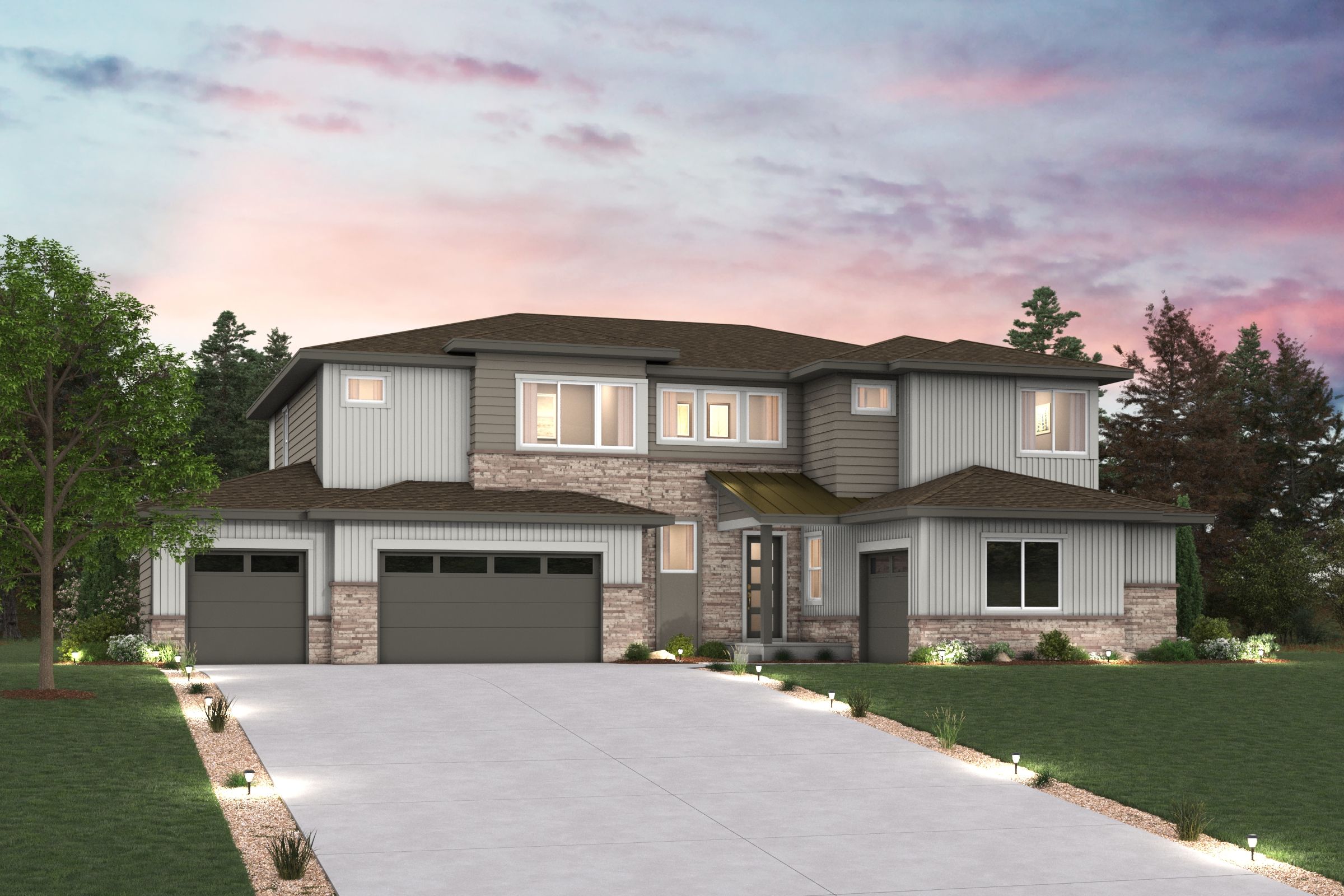 A house with garages and trees.