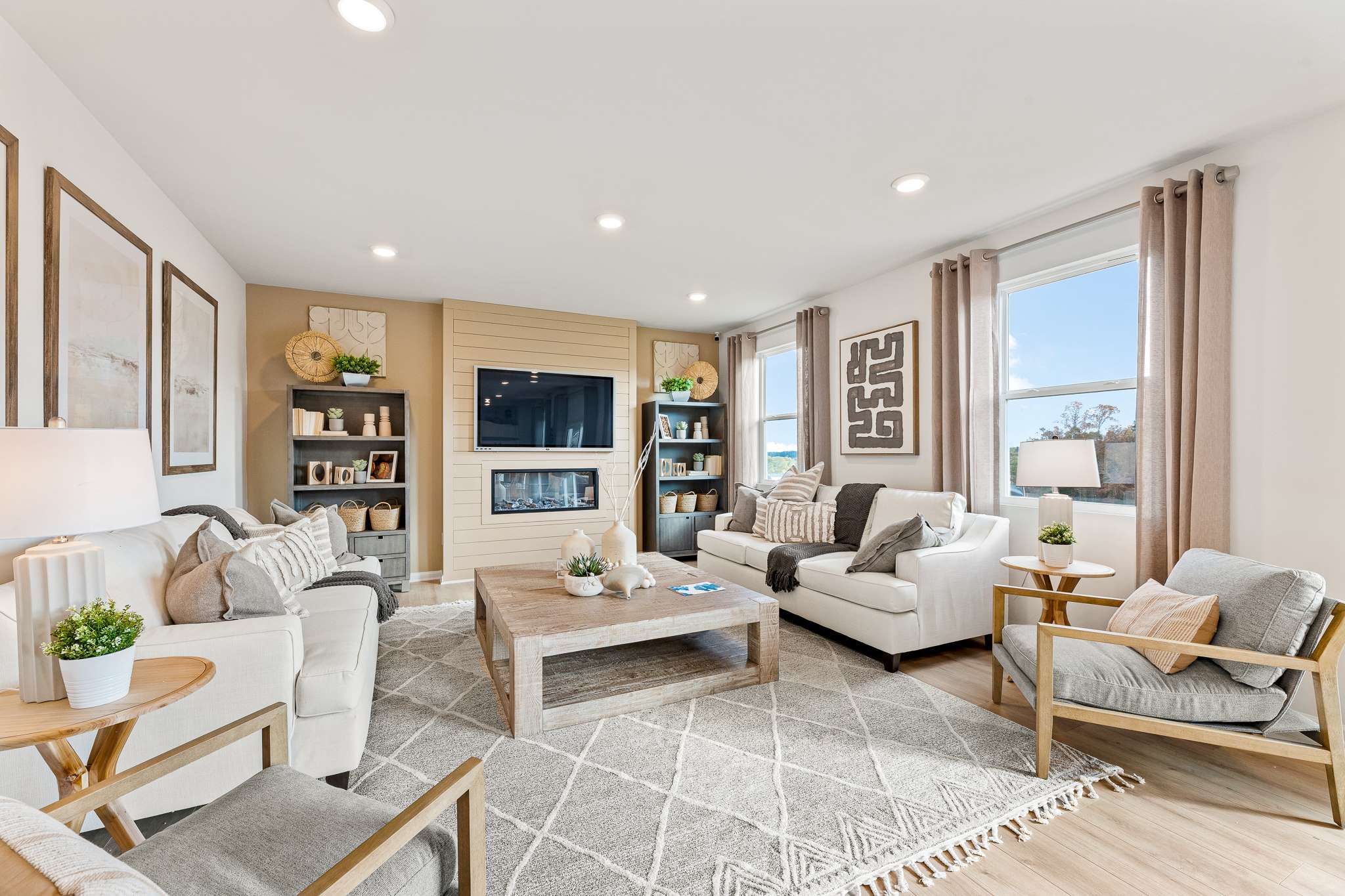 A living room with a large window.