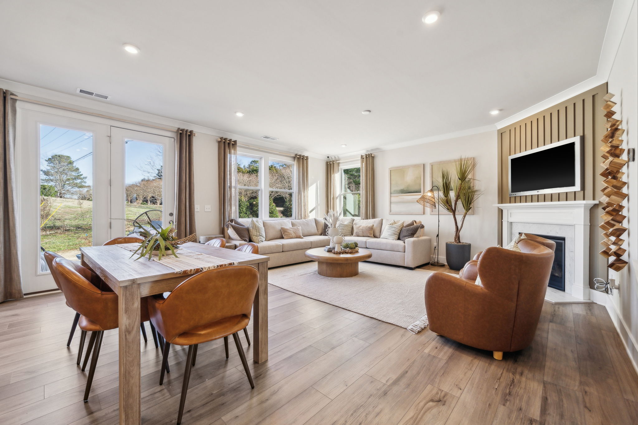 A living room with a fireplace.