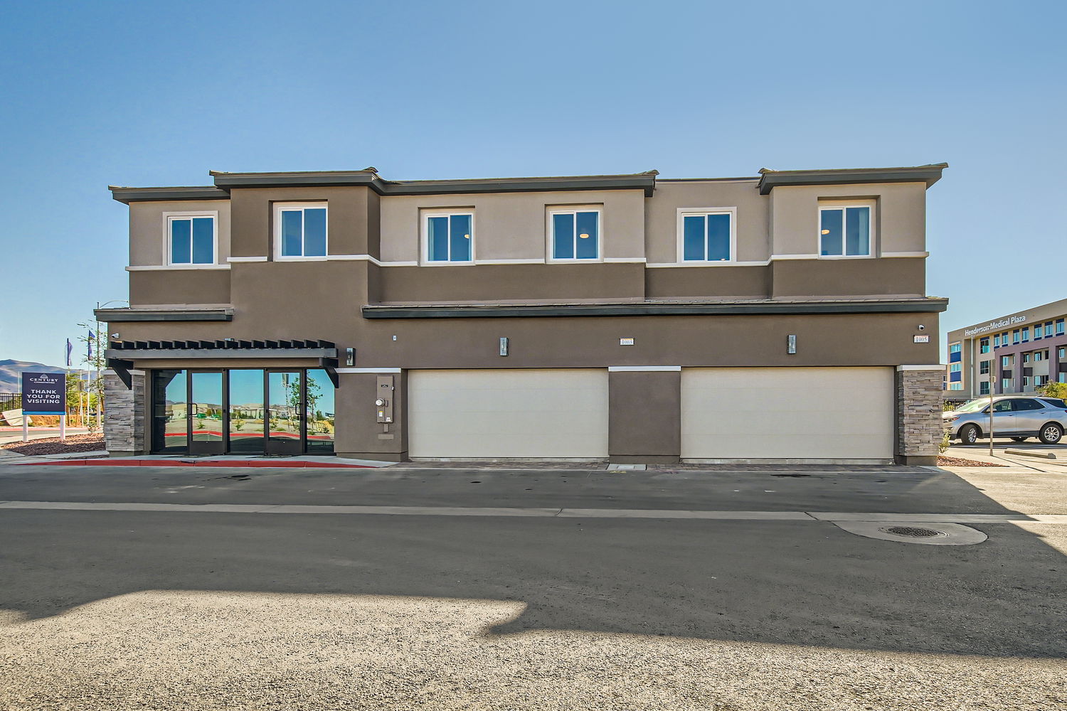 A building with a garage.