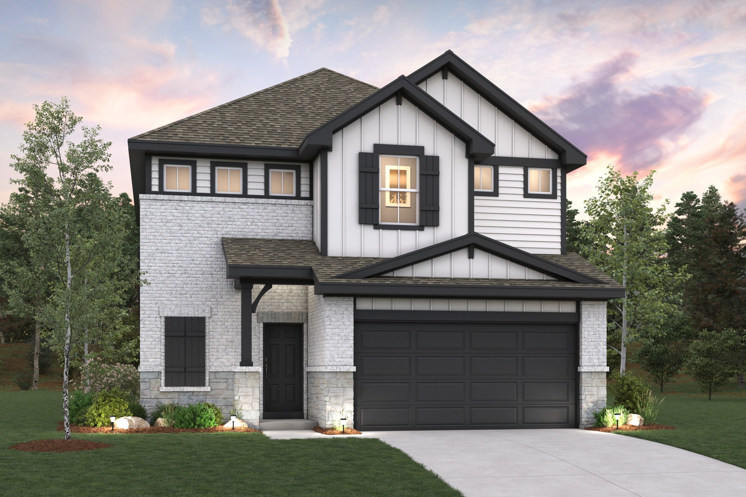 A grey house with a garage.