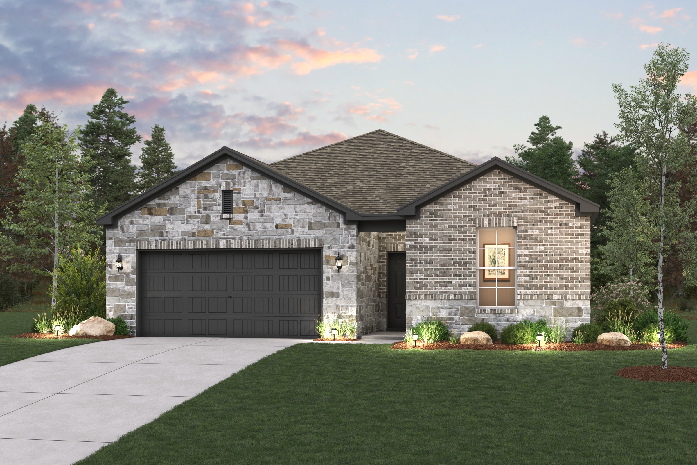 A house with a garage and a lawn in front of it.