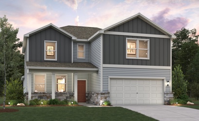 A grey house with a garage.