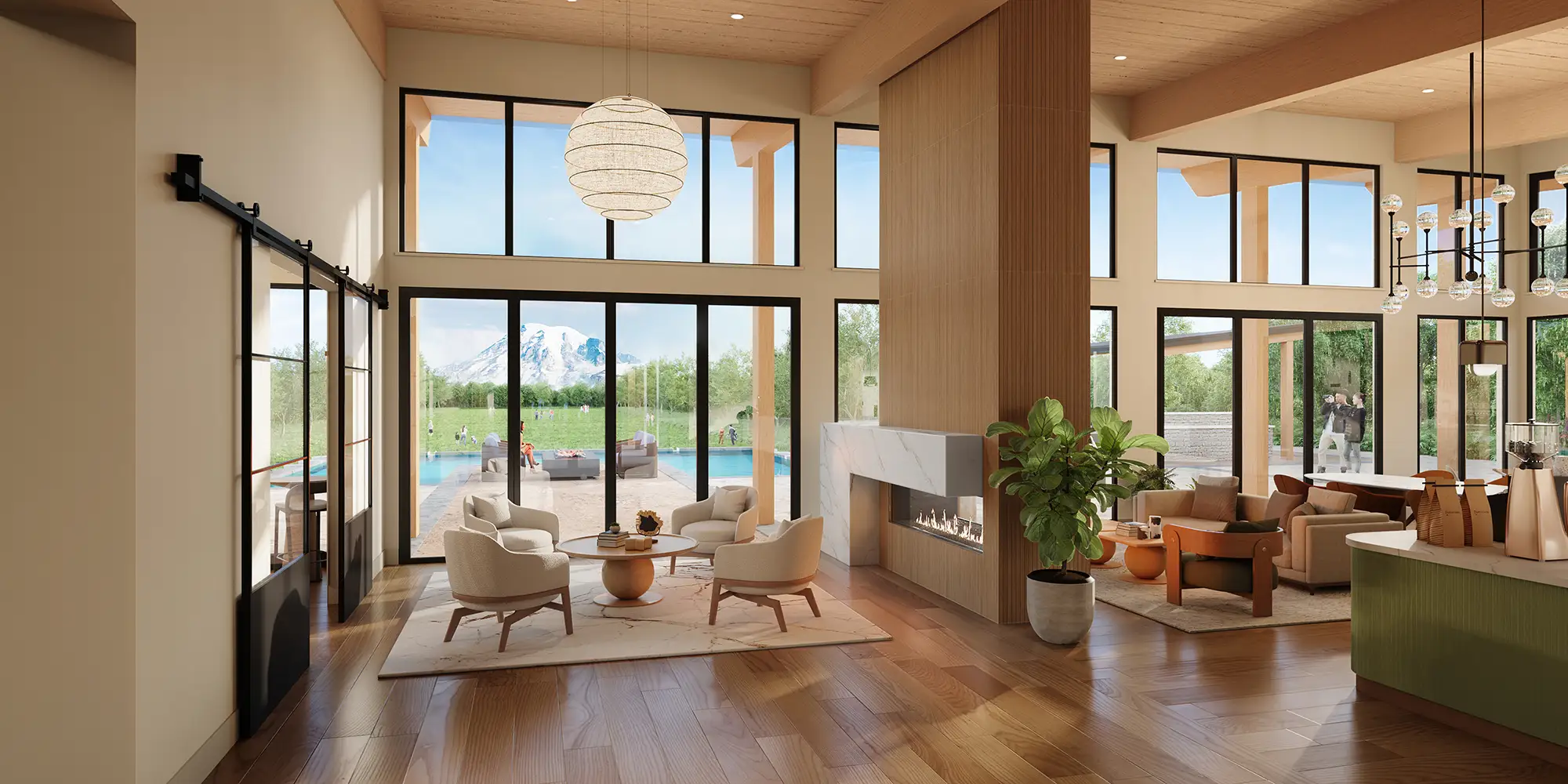 A room with a fireplace and chairs.