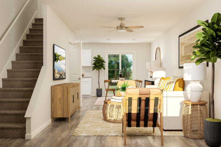 A room with a table and chairs.